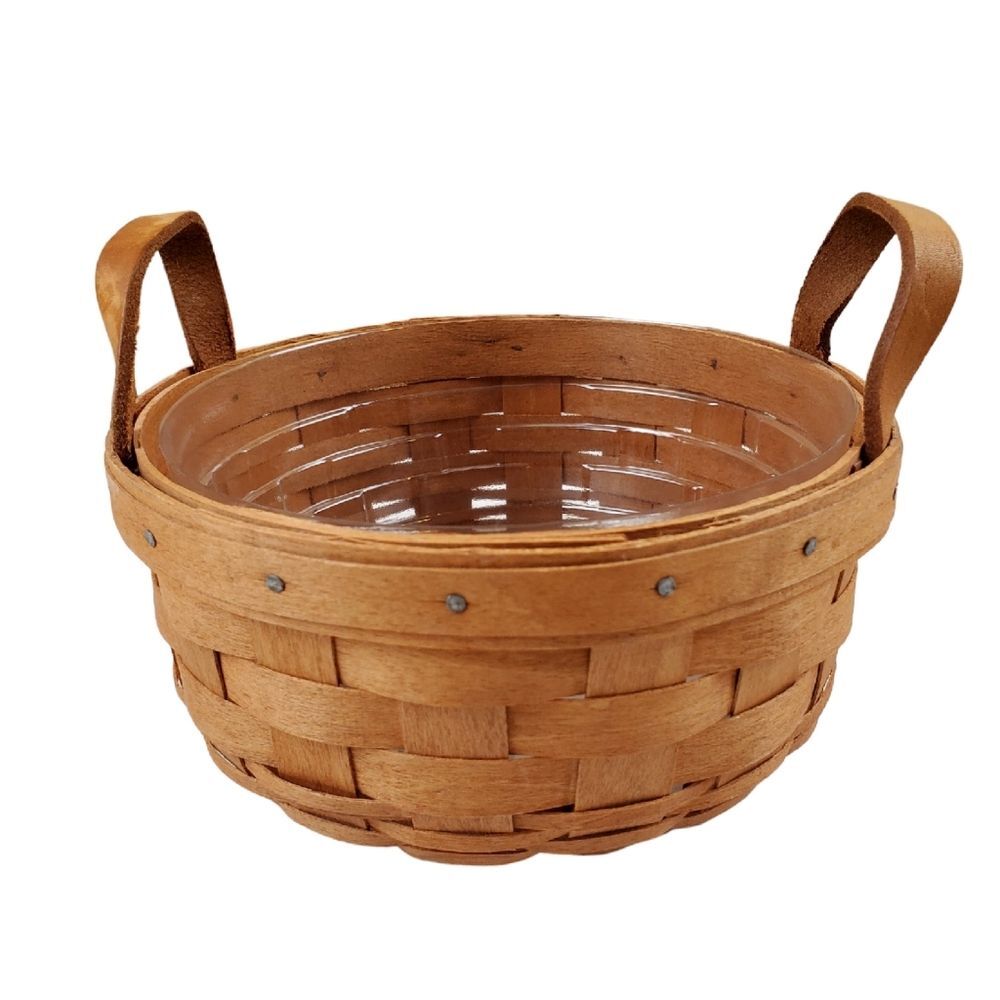 LONGABERGER Round Leather Handles Basket with Plastic Protector